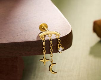 Brinco de cartilagem com pingente celestial em ouro 14K, joia para piercing na hélice, brinco de estrela e lua com zircônia cúbica, presente boho celestial para piercing na orelha.
