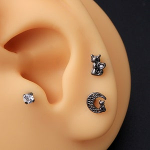 3PCS 軟骨イヤリング/ムーンキャットヘリックススタッド/トラガスピアスジュエリー/コンクローブイヤリング/ミニマリストイヤリング/ハロウィンジュエリー/スタッドイヤリング