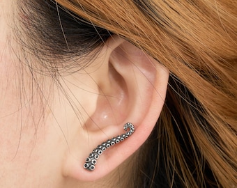 Orecchini A Cerotto In Argento 925 Con Piccolo Polpo, Tentacoli, Handmade, Dark Dream