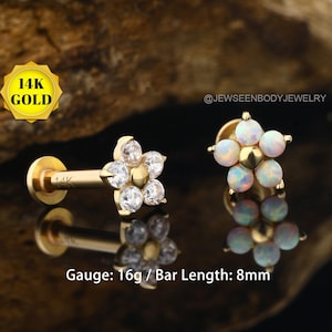 14K Gold Flat Back Stud/ Gold Cartilage Stud/ Flower Stud Earring/ Push in Threadless Cartilage Earring/ Tragus/ Helix/ Conch Earring