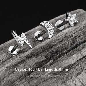 G23 Titanium Flat Back Earring: Moon, Star, Lightning Helix Stud