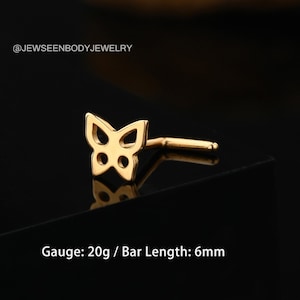 14K Solid Gold Nose Studs/ 20g Nose Rings/ Butterfly Nose Jewelry/ Gold Nose Piercing/ L-Shaped Nose Ring for Women Men