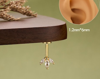 Pendiente de hélix vertical oculto, plata 925 con circonita cúbica talla marquesa, labret de base plana, joyería minimalista para cartílago, piercing de oreja único, delicado conjunto de pendientes.