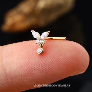 14k Gold Butterfly Nose Stud: 20G CZ Dangle Nose Ring