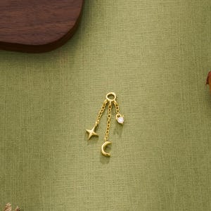 Star Moon O-Ring Charm, 925 Sterling Silver Dangle for Earrings, Celestial Ear Chain, Cartilage Earring Connector, Jewelry Attachment