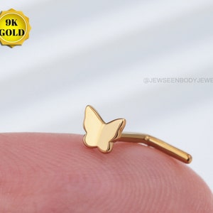 9K Solid Gold Nose Ring,20G Nose Stud,Gold Nose Piercing,Butterfly Nose Jewelry,Nose Bone 6mm,L Shaped Nose Ring,L Shaped Nose Bone