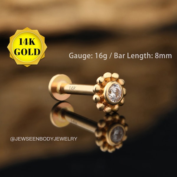 14K Gold Tiny Sun Cartilage Earring,16G Flat Back Labret Stud,Stud Earring,Tragus Stud,Helix,Conch Piercing Jewelry,Labret Stud,Lip Piercing