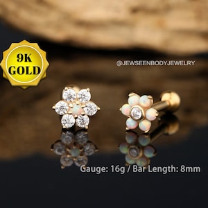 9K Solid Gold Flower Cartilage Earring,Opal Tragus,Conch Piercing Jewelry,CZ Ear Post Stud Earring,Forward Helix Piercing Jewelry,Gift