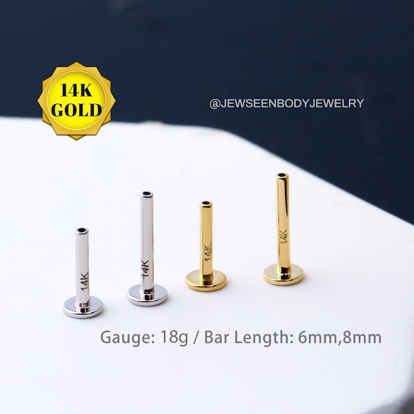 14K Solid Gold Threadless Push-In Flat Back Stud/18G Labret Bar Part/14K White Gold/Flat Back Stud Bar/Valentines Gifts for her