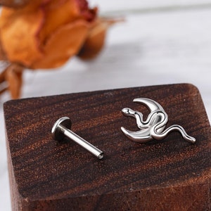 Piercing, clou de 16 g/boucle d'oreille à dos plat/bijoux avec filetage intérieur/serpent et lune/clous Tragus/clous hélicoïdal/tirant pour cartilage/piercing conque