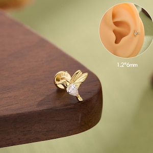 Sterling Silver Tiny Hummingbird Cartilage Stud 16G 6mm, Dainty Helix Tragus Conch Jewelry, Internally Threaded Helix earring, Gold Earrings