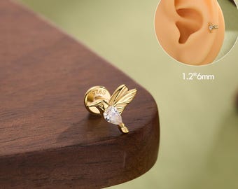 Sterling Silver Tiny Hummingbird Cartilage Stud 16G 6mm, Dainty Helix Tragus Conch Jewelry, Internally Threaded Helix earring, Gold Earrings