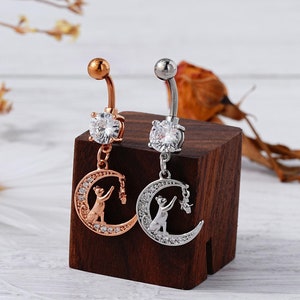 Moon Cat Belly Button Ring/Navel Jewelry/Elegant Celestial Star Belly Rings/Unique Cute Navel Belly Button Jewelry/Halloween jewelry