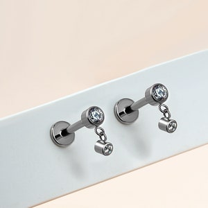 16G Titanium Nose stud/Internally Threaded Dangle Stud/CZ Flat Back Earrings/Cartilage Stud/Helix Jewelry/ Conch stud/Tragus Stud