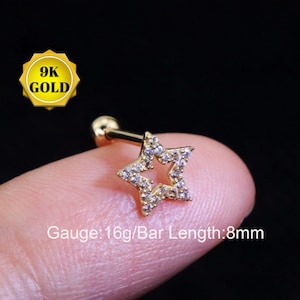 Brinco de cartilagem em ouro 14K, parafuso prisioneiro de cartilagem estrela, parafuso prisioneiro de concha CZ, joias de piercing tragus, joias de concha, brinco de hélice frontal, presente para ela
