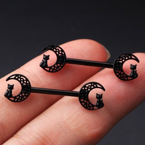 2PCS 14G Black Cat Moon Nipple Piercing/Nipple Barbell/Nipple Ring/Nipple Jewelry/Nipple Bar/Gift For Him/ Gift For Her/Halloween Jewelry image 1