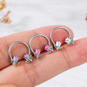 16G Tulip Septum Ring/Septum Piercing/Nose Barbell/Daith Earring/Flower Cartilage Piercing/Cute horseshoe ring/Daily Nose Ring