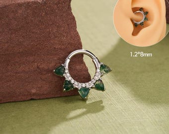 Moss Agate Spike Hinged Hoop Ring • 16G Multi-Use Daith Conch Septum Cartilage Piercing