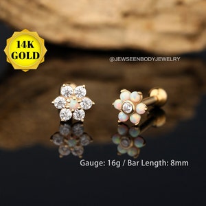 16G 14K Gold Tiny Flower Cartilage Earring,CZ Helix Piercing Jewelry,Labret Stud,Opal Tragus Earring,Conch Piercing,Stud Earring,Minimalist