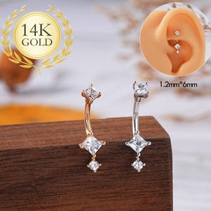 14K Solid Gold Rook Earring/Curved Barbell/Eyebrow Ring/Daith Earring/Dangle Cartilage Earring/Tragus Piercing Jewelry/Gifts for her