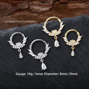 16G Teardrop Dangle Septum Ring/CZ Daith Earring/Helix Hoop/16g Septum Clicker/Septum Jewelry/Gold Hinged Segment Ring/Tragus Piercing
