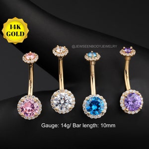 14K Gold Belly Button Ring/Double CZ Navel Ring/14G Belly Ring/Belly Barbell/Navel Piercing/Navel Jewelry/Valentines Gifts for her