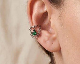Green Gemstone Conch Piercing, Chain Hoop Earring, Teardrop Gem Edgy Layered Jewelry, Conch earrings