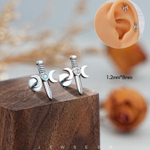 16G Sword Moon Cartilage Earring/Internally Threaded Earrings/sword Flat Back Earrings/Helix Jewelry/Conch/Tragus/Medusa Stud/helix earring