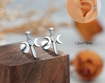 16G Svärd Mån Brosk Örhänge/Invändigt Gängade Örhängen/Svärd Platta Baksida Örhängen/Helix Smycken/Conch/Tragus/Medusa Örhänge/Helix Örhänge