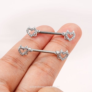 14G Nipple Ring/316L Stainless Steel Barbell/Devil Heart Nipple Barbell/Horned Heart Nipple Barbell Piercing/nipple piercing/body ring