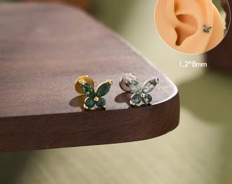 Sterling Silver Moss Agate Butterfly Labret Stud • 16G Dainty Helix Tragus Cartilage Piercing