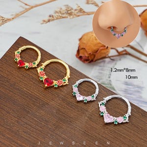 16G Pink Red Gem Septum Ring/Cartilage Earring/Helix Earring/Daith Piercing/Hoop Earring/Clicker Hoop/septum hoop/Nose Hoop/Christmas Hoop