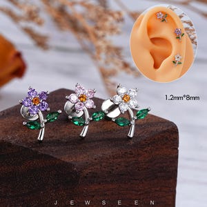 16G Flower Cartilage Stud/Internally Threaded Earrings/Heart Flat Back Earrings/Helix Jewelry/Conch/Lip Piercing/Tragus/Medusa Stud/Gift