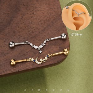 14G Moon Leaf Industrial Barbell/Industrial Jewelry Gold/Threaded Industrial Earrings/Industrial Piercing/Industrial Bar 38mm