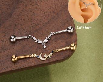 14G Moon Leaf Industrial Barbell/Industrial Jewelry Gold/Threaded Industrial Earrings/Industrial Piercing/Industrial Bar 38mm