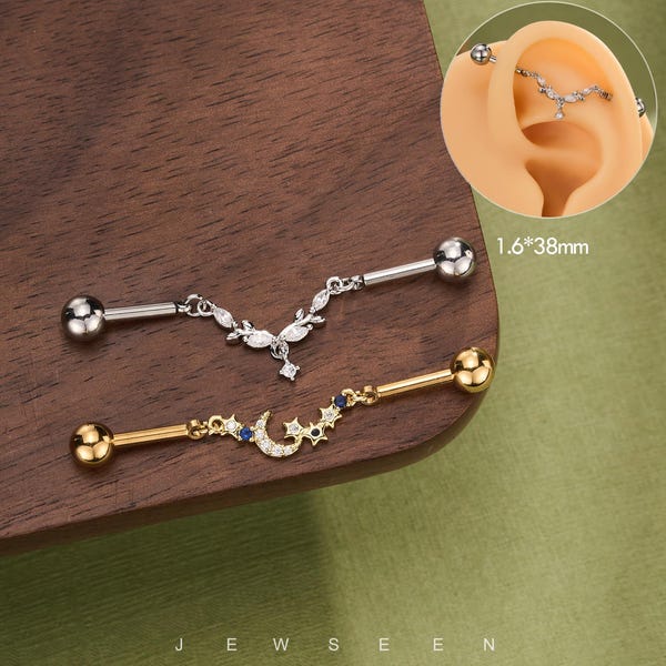 14G Moon Leaf Industrial Barbell/Industrial Jewelry Gold/Threaded Industrial Earrings/Industrial Piercing/Industrial Bar 38mm