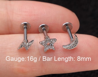 3 anneaux à lèvre Moon Star CZ : clous labret en acier chirurgical de 16 g