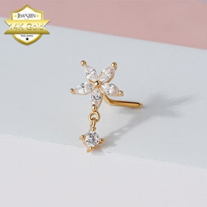 20G Dangle Floweer Gold Nose Stud/L Bend Nose Jewelry/14K Nose Rings/Gold Nose Jewelry/CZ Nostril Ring/Nose Piercing/Gift for her