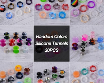 20Pcs Silicone Tunnels Random Colors Silicone Gauges/Double Flared Ear Tunnels/Flexible Ear Gauges 6g-1''/Ear Stretching