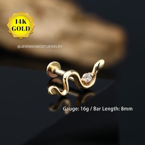 14K Gold Cartilage Earring,Snake Push in Threadless Earring,Tiny Flat Back Stud,Dainty Labret Stud,Minimalist Tragus,Conch,Helix Piercing