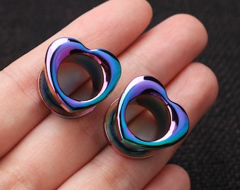 Rainbow Heart Plugs/Plug Gauges/2g-3/4''Ear Stretchers/Stainless Steel Piercings Earring/Gauge & Plug Earrings/Valentines Gifts for her