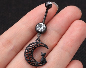 14G Halloween Moon Cat Belly Button Ring/Dangle Navel Ring/Belly Ring/Navel Piercing/Navel Jewelry/Belly Piercing/Halloween Jewelry
