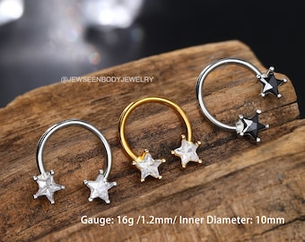 16G Star Septum Ring/Cubic Zirconia Daith Earring/Star Gold Hoop Earring/Black Cartilage Piercing/Nose Hoop/Septum Hoop/Tragus,Earring,