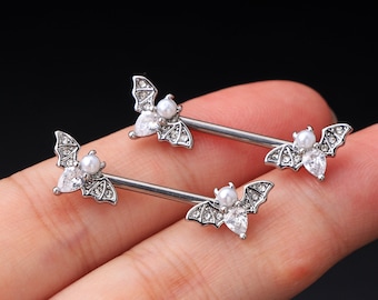 Bat Nipple Barbell: 14G CZ Halloween Piercing Jewelry