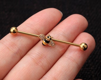 Dainty Bee Industrial Barbell/Gold Industrial Ring/Industrial Piercing/Industrial Bar/Industrial Jewelry/14G Barbell/Black Friday/Christmas