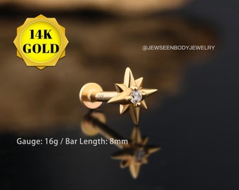 14K goud 16G kleine ster platte achterkant labret/achtpuntige ster tragusoorbellen/helixoorbellen/schelpoorbel/kraakbeenstekker/Moederdag