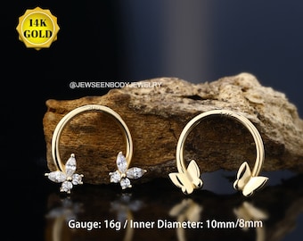 14K Solid Gold Septum Ring, CZ Cartilage Ear, Butterfly Helix Piercing, Tragus Jewelry, Daith Earring Hoop, Septum Piercing Jewelry, Gift