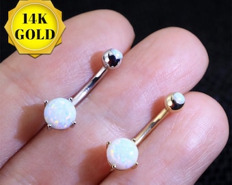 14K Gold Synthetic Opal Belly Button Ring: 14g Navel Barbell