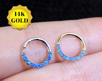 14K Gold Opal Hinged Segment Ring,Cartilage Hoop,Septum Piercing Jewelry,Blue Helix Piercing Jewelry,Daith Earring,Nose Hoop,Septum Clicker