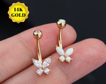 14G 14K Gold CZ Butterfly Belly Button Ring/Belly Ring/Opal Navel Ring/Gold Belly Piercing/Dainty Belly Jewelry/Small Belly Barbell/Gift